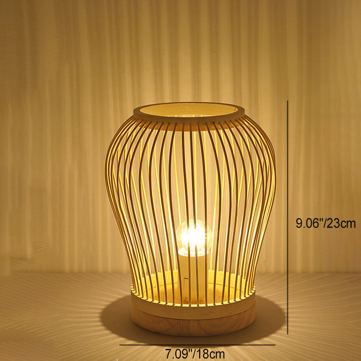 Lampe De Table Contemporaine En Forme De Lanterne En Bois Et Bambou Tissé À 1 Lumière Pour Chambre À Coucher-Lampe Veilleuse