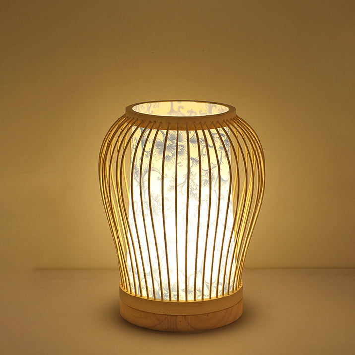 Lampe De Table Contemporaine En Forme De Lanterne En Bois Et Bambou Tissé À 1 Lumière Pour Chambre À Coucher-Lampe Veilleuse