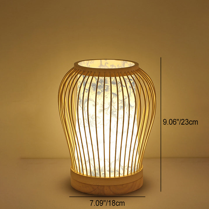 Lampe De Table Contemporaine En Forme De Lanterne En Bois Et Bambou Tissé À 1 Lumière Pour Chambre À Coucher-Lampe Veilleuse