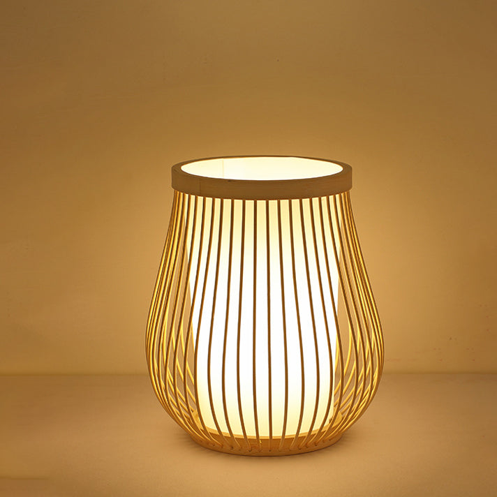 Lampe De Table Contemporaine En Forme De Lanterne En Bois Et Bambou Tissé À 1 Lumière Pour Chambre À Coucher-Lampe Veilleuse