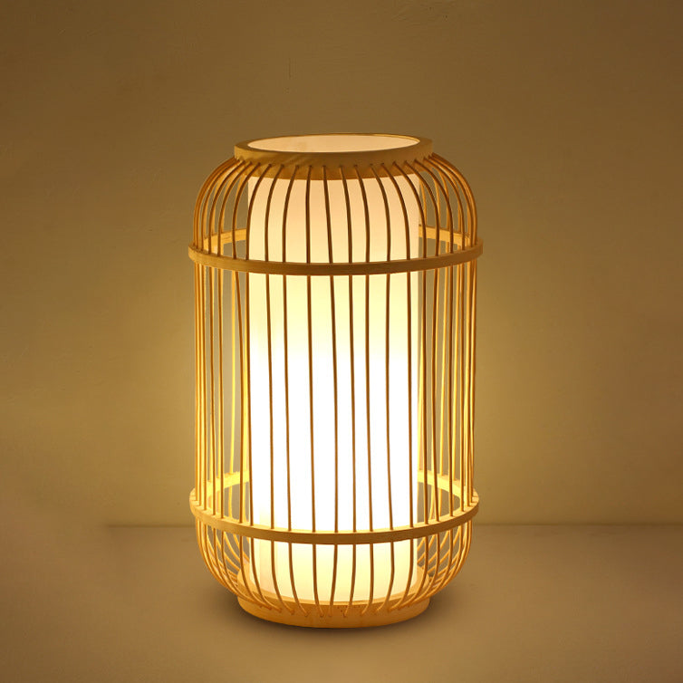 Lampe De Table Contemporaine En Forme De Lanterne En Bois Et Bambou Tissé À 1 Lumière Pour Chambre À Coucher-Lampe Veilleuse