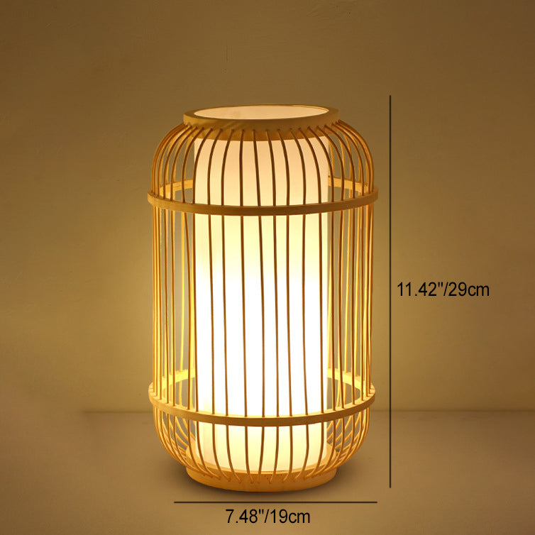 Lampe De Table Contemporaine En Forme De Lanterne En Bois Et Bambou Tissé À 1 Lumière Pour Chambre À Coucher-Lampe Veilleuse