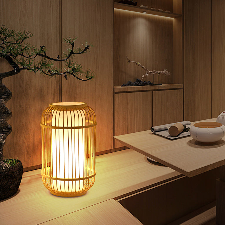 Lampe De Table Contemporaine En Forme De Lanterne En Bois Et Bambou Tissé À 1 Lumière Pour Chambre À Coucher-Lampe Veilleuse