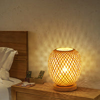 Thumbnail for Lampe De Table Contemporaine En Forme De Lanterne En Bois Et Bambou Tissé À 1 Lumière Pour Chambre À Coucher-Lampe Veilleuse