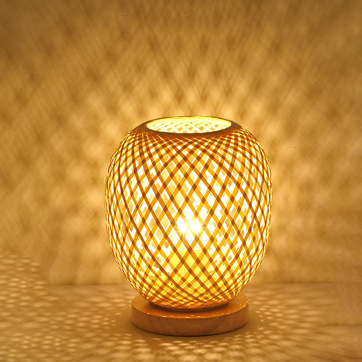 Lampe De Table Contemporaine En Forme De Lanterne En Bois Et Bambou Tissé À 1 Lumière Pour Chambre À Coucher-Lampe Veilleuse