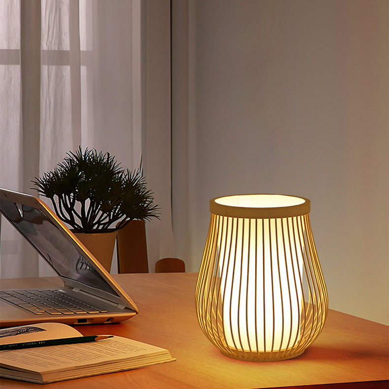 Lampe De Table Contemporaine En Forme De Lanterne En Bois Et Bambou Tissé À 1 Lumière Pour Chambre À Coucher-Lampe Veilleuse