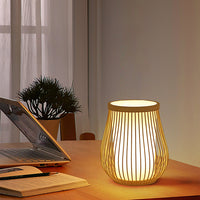 Thumbnail for Lampe De Table Contemporaine En Forme De Lanterne En Bois Et Bambou Tissé À 1 Lumière Pour Chambre À Coucher-Lampe Veilleuse