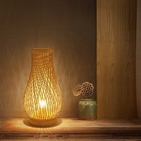 Thumbnail for Lampe De Table Contemporaine En Forme De Lanterne En Bois Et Bambou Tissé À 1 Lumière Pour Chambre À Coucher-Lampe Veilleuse