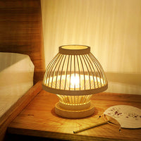 Thumbnail for Lampe De Table Contemporaine En Forme De Lanterne En Bois Et Bambou Tissé À 1 Lumière Pour Chambre À Coucher-Lampe Veilleuse