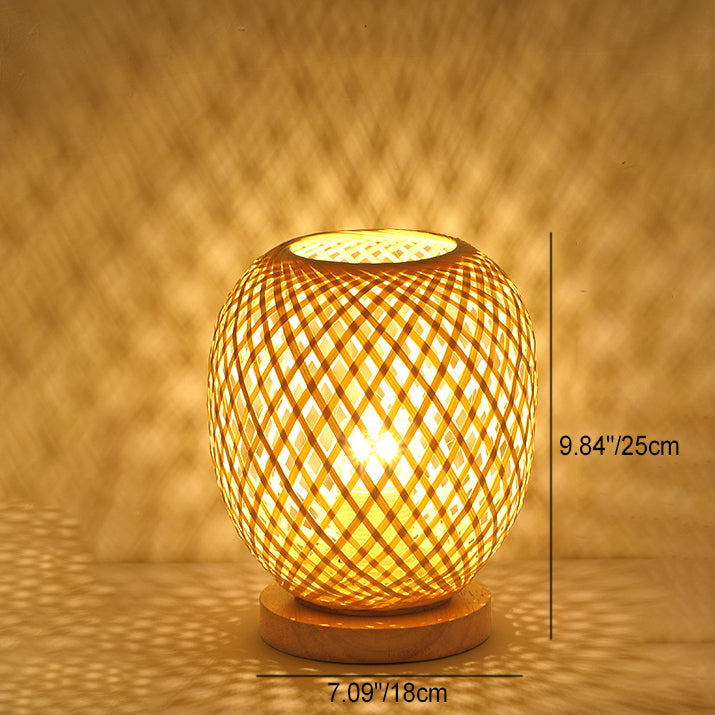 Lampe De Table Contemporaine En Forme De Lanterne En Bois Et Bambou Tissé À 1 Lumière Pour Chambre À Coucher-Lampe Veilleuse