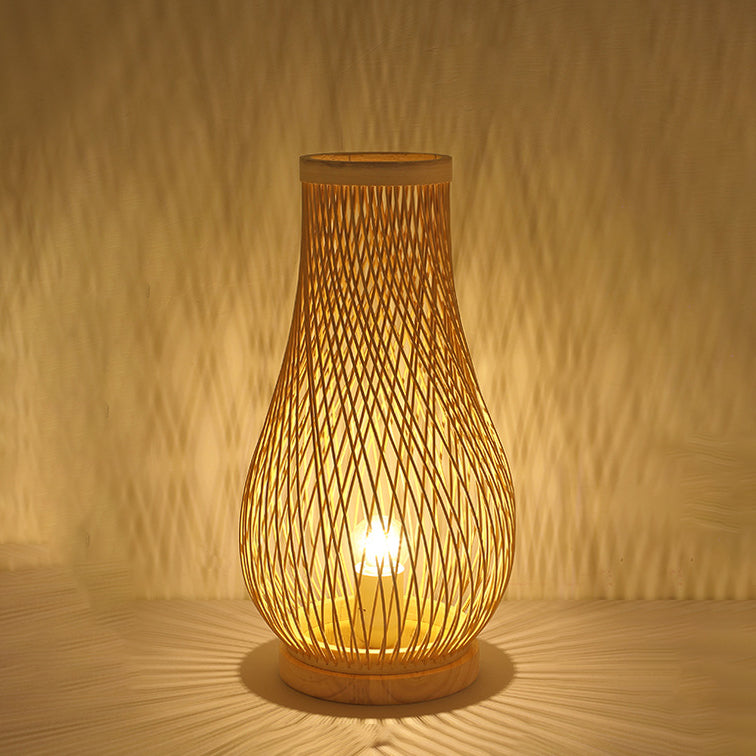 Lampe De Table Contemporaine En Forme De Lanterne En Bois Et Bambou Tissé À 1 Lumière Pour Chambre À Coucher-Lampe Veilleuse