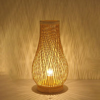 Thumbnail for Lampe De Table Contemporaine En Forme De Lanterne En Bois Et Bambou Tissé À 1 Lumière Pour Chambre À Coucher-Lampe Veilleuse