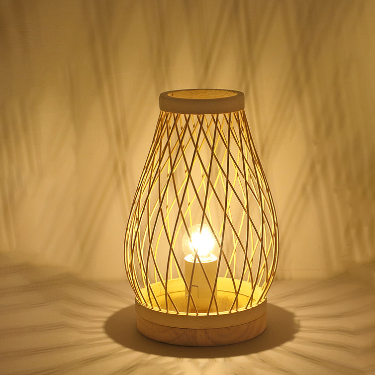 Lampe De Table Contemporaine En Forme De Lanterne En Bois Et Bambou Tissé À 1 Lumière Pour Chambre À Coucher-Lampe Veilleuse