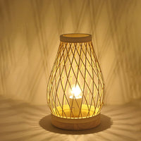 Thumbnail for Lampe De Table Contemporaine En Forme De Lanterne En Bois Et Bambou Tissé À 1 Lumière Pour Chambre À Coucher-Lampe Veilleuse