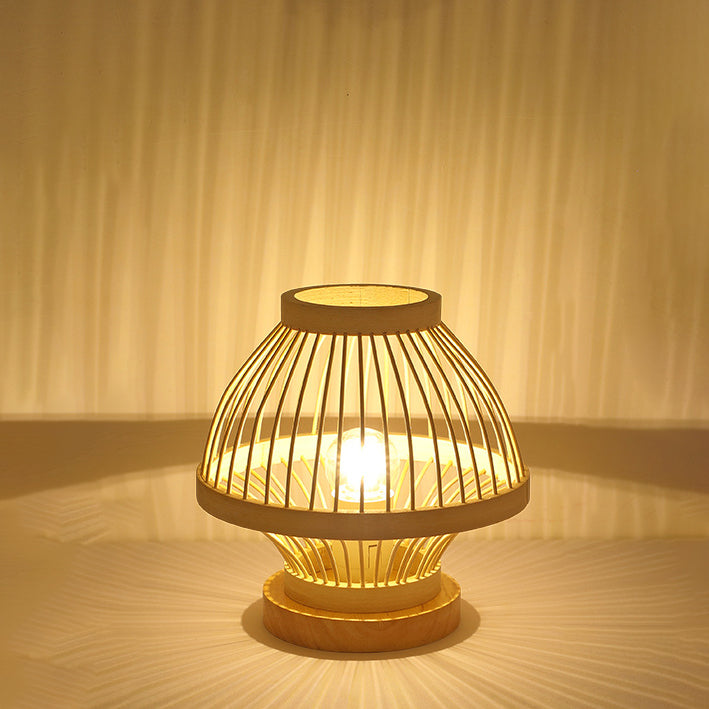 Lampe De Table Contemporaine En Forme De Lanterne En Bois Et Bambou Tissé À 1 Lumière Pour Chambre À Coucher-Lampe Veilleuse