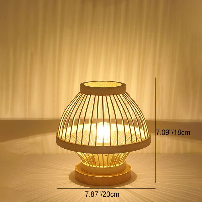 Lampe De Table Contemporaine En Forme De Lanterne En Bois Et Bambou Tissé À 1 Lumière Pour Chambre À Coucher-Lampe Veilleuse