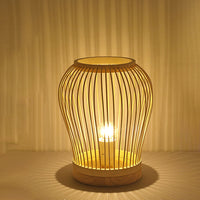 Thumbnail for Lampe De Table Contemporaine En Forme De Lanterne En Bois Et Bambou Tissé À 1 Lumière Pour Chambre À Coucher-Lampe Veilleuse